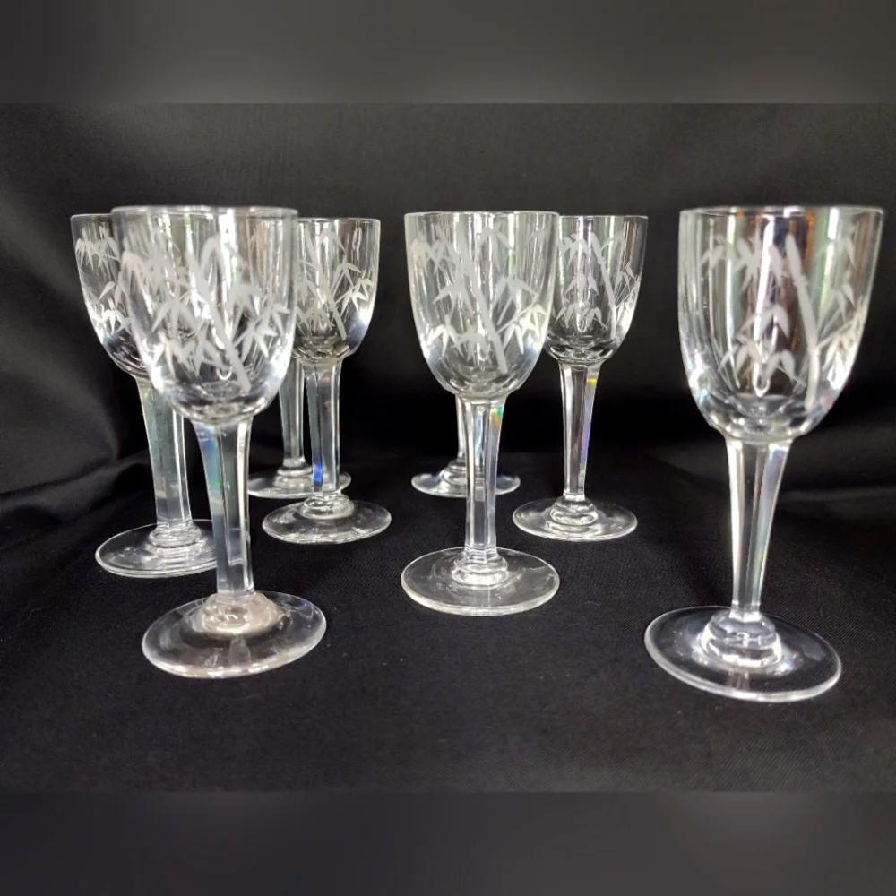 Noritake Sasuke Etched Crystal Bamboo Cordials Glasses, Set Of Eight, Japan
